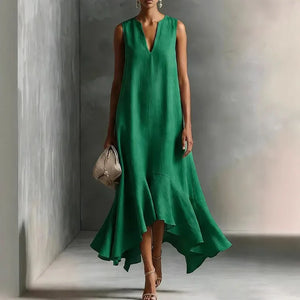 Women's V-Neck Maxi Dress with Asymmetric Hem
