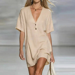 Vestido mini informal de mujer con cuello en V y corte holgado y relajado