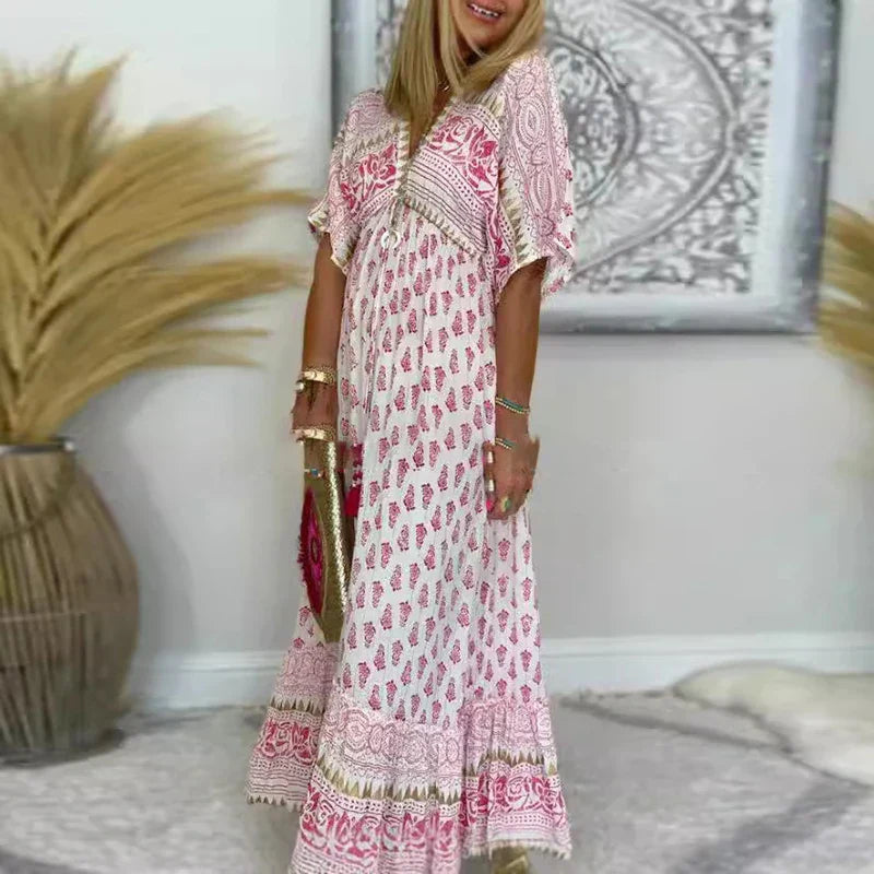 Women’s Boho Printed Short Sleeve Maxi Dress