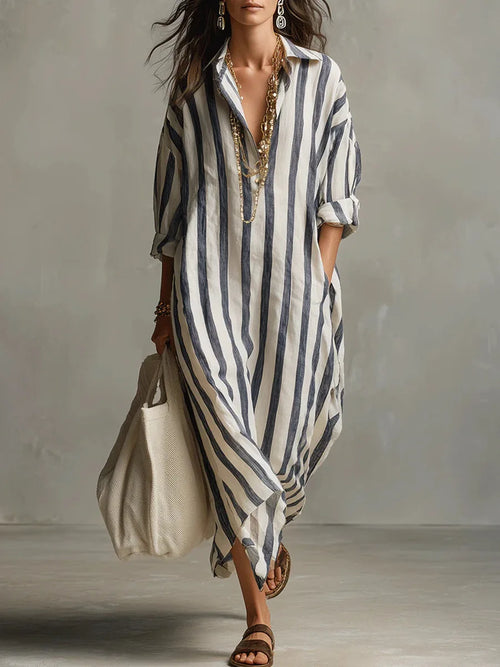 Women's Striped Maxi Shirt Dress with Pockets