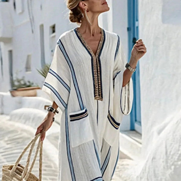 Women's Striped Boho V-Neck Kaftan Maxi Dress