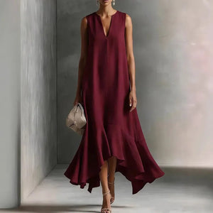 Women's V-Neck Maxi Dress with Asymmetric Hem