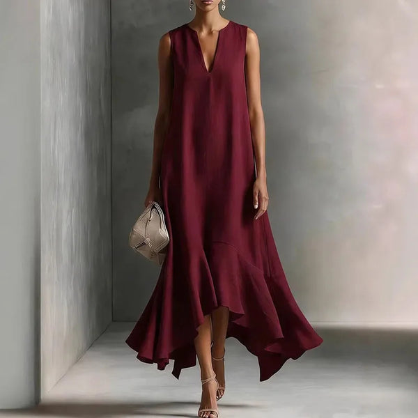 Women's V-Neck Maxi Dress with Asymmetric Hem