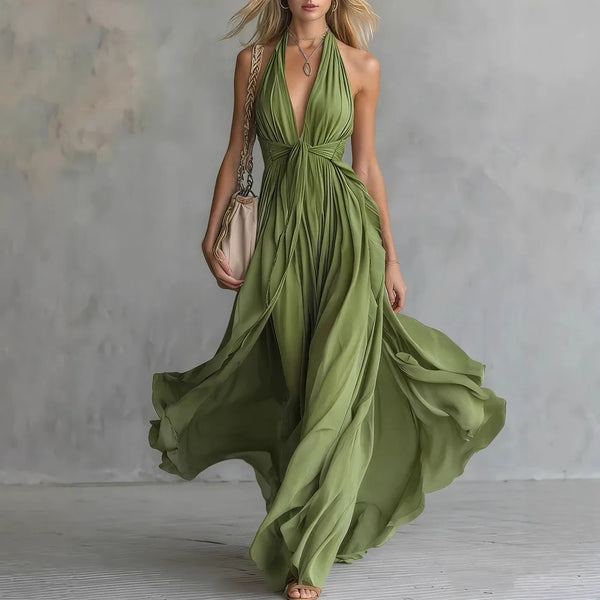 Women's Bohemian Halter  Maxi Dress with Deep V-Neckline