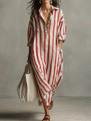 Women's Striped Maxi Shirt Dress with Pockets