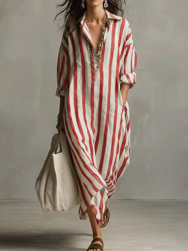 Women's Striped Maxi Shirt Dress with Pockets