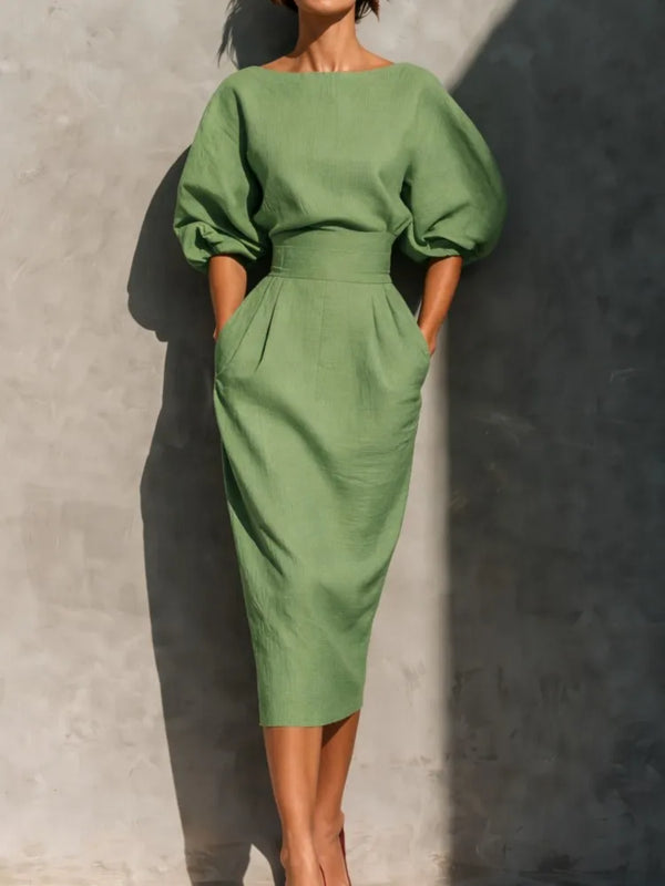 Women's Midi Dress with Cinched Waist and Puff Sleeves