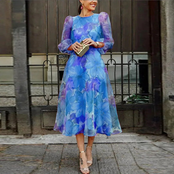 Women's Romantic Floral Mesh Midi Dress with Long Puff Sleeve