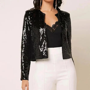 Blazer de fiesta para mujer, corto, con lentejuelas y abertura frontal
