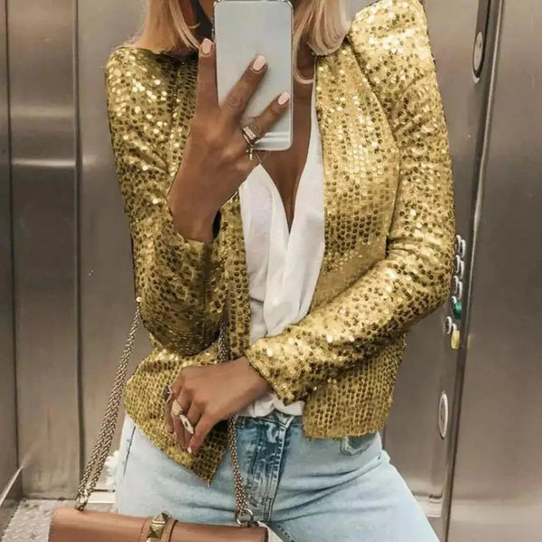 Blazer de fiesta para mujer, corto, con lentejuelas y abertura frontal