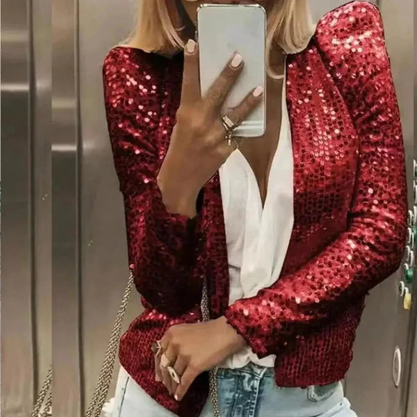 Blazer de fiesta para mujer, corto, con lentejuelas y abertura frontal
