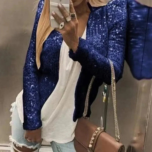 Blazer de fiesta para mujer, corto, con lentejuelas y abertura frontal