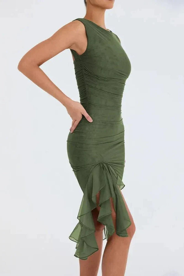 Women’s Sleeveless Ruched Midi Dress with Asymmetrical Hem and Ruffle Trim Detail