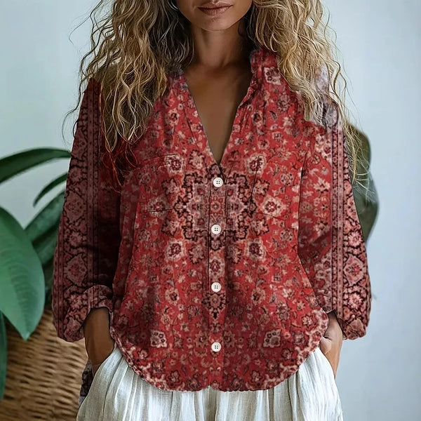 Women’s Vintage Floral Boho Button-Up Blouse