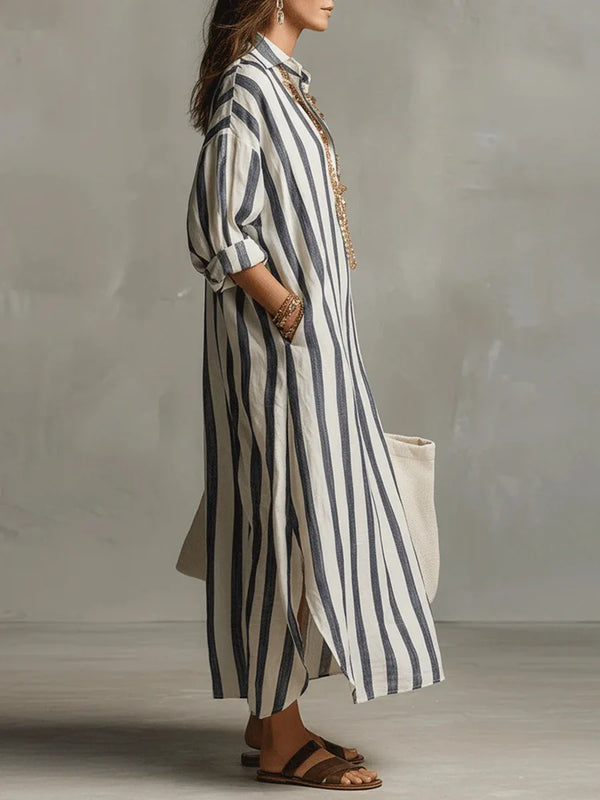 Women's Striped Maxi Shirt Dress with Pockets