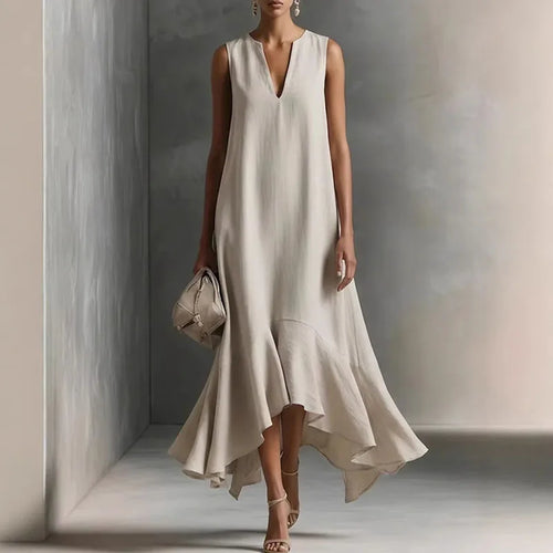 Women's V-Neck Maxi Dress with Asymmetric Hem