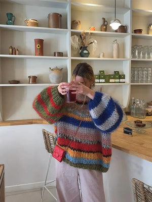 Suéter atrevido multicolor de mohair, cómodo y acogedor para mujer