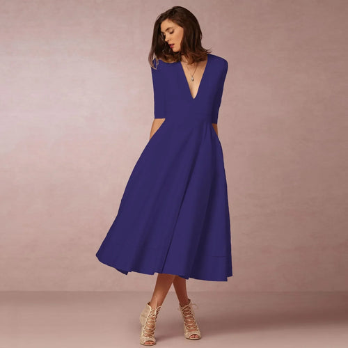 Women's V-Neck A-Line Fit Midi Dress