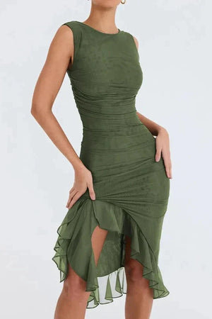 Women’s Sleeveless Ruched Midi Dress with Asymmetrical Hem and Ruffle Trim Detail