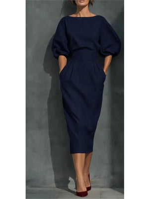 Women's Midi Dress with Cinched Waist and Puff Sleeves