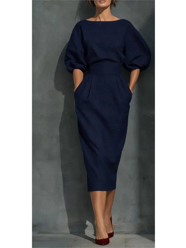 Women's Midi Dress with Cinched Waist and Puff Sleeves