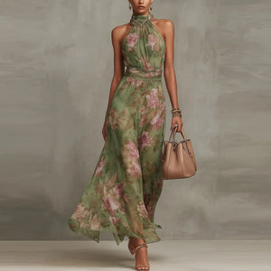 Women's Floral Halter Neck Maxi Dress with Flowing A-Line Skirt