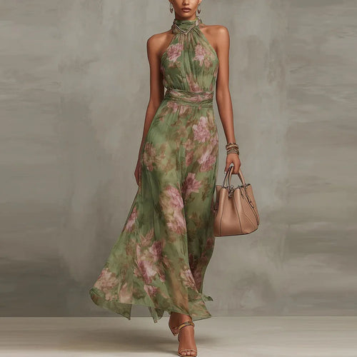 Women's Floral Halter Neck Maxi Dress with Flowing A-Line Skirt