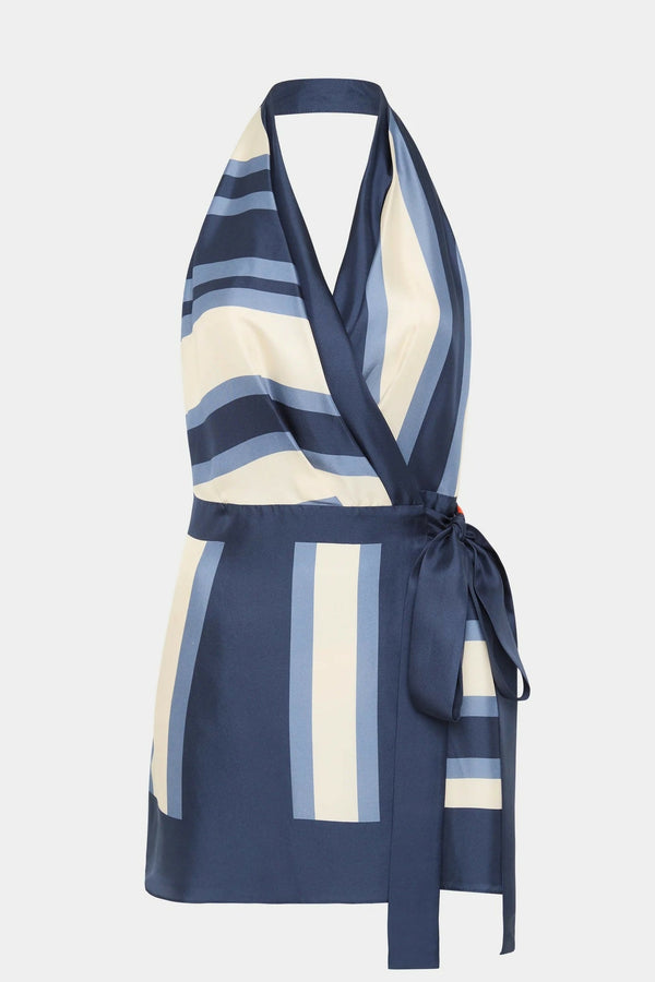 Elegant Striped Silk Halterneck Mini Dress