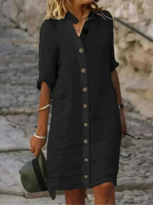 Women's Button-Front Shirt Dress with Collared Neck