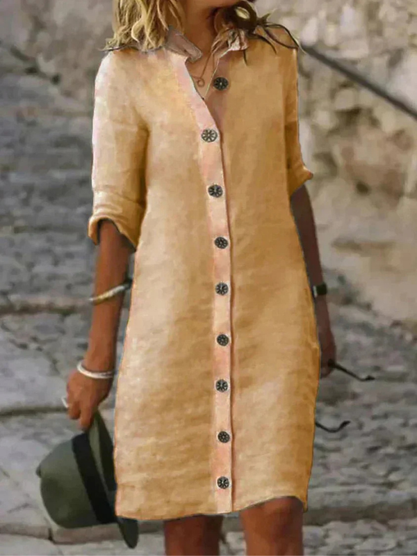 Women's Button-Front Shirt Dress with Collared Neck