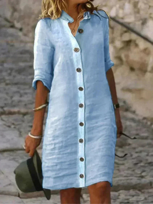 Women's Button-Front Shirt Dress with Collared Neck