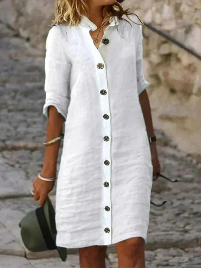 Women's Button-Front Shirt Dress with Collared Neck