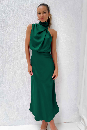 Women's Satin Halter Neck Asymmetric Midi Dress
