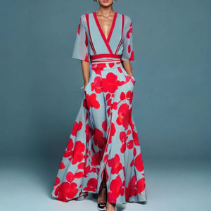 Women's Floral Wrap Maxi Dress with Deep V-Neckline