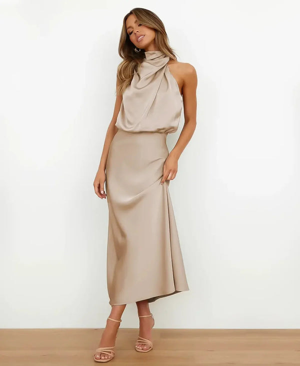 Vestido Midi Halter Sin Mangas con Drapeado para Mujer