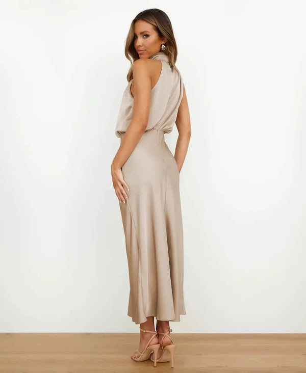 Vestido Midi Halter Sin Mangas con Drapeado para Mujer
