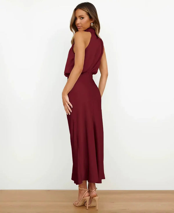 Vestido Midi Halter Sin Mangas con Drapeado para Mujer