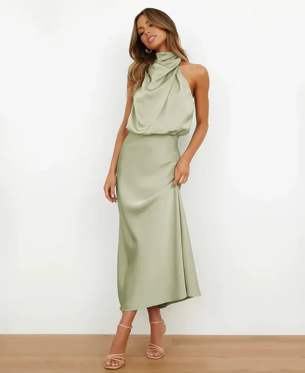 Vestido Midi Halter Sin Mangas con Drapeado para Mujer