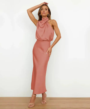 Vestido Midi Halter Sin Mangas con Drapeado para Mujer