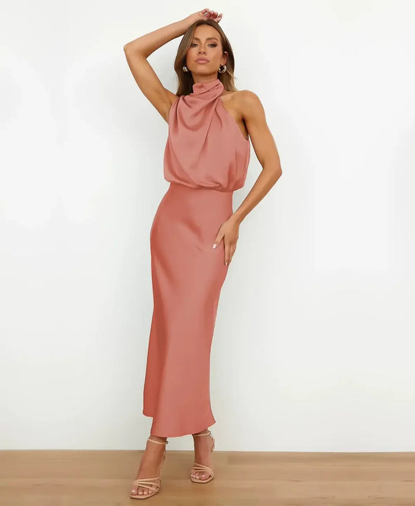 Vestido Midi Halter Sin Mangas con Drapeado para Mujer