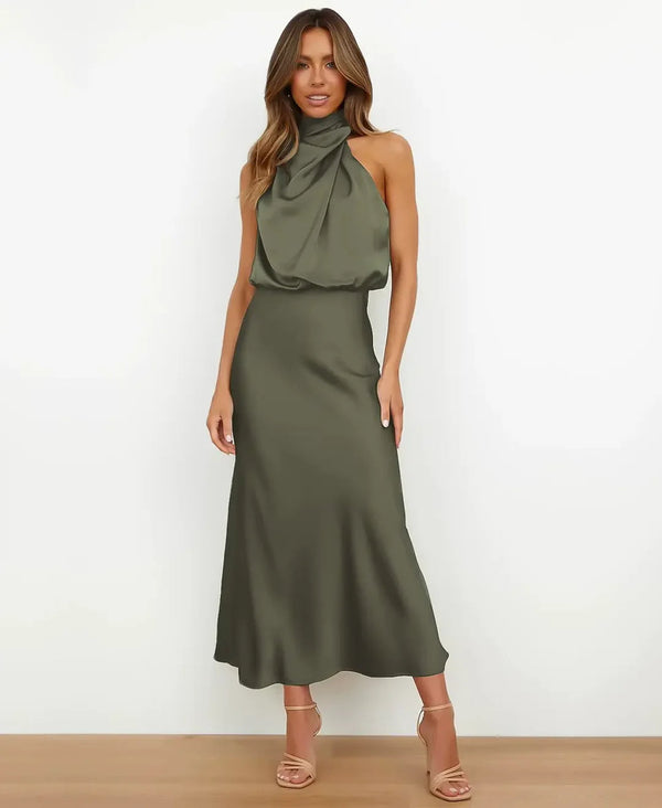 Vestido Midi Halter Sin Mangas con Drapeado para Mujer