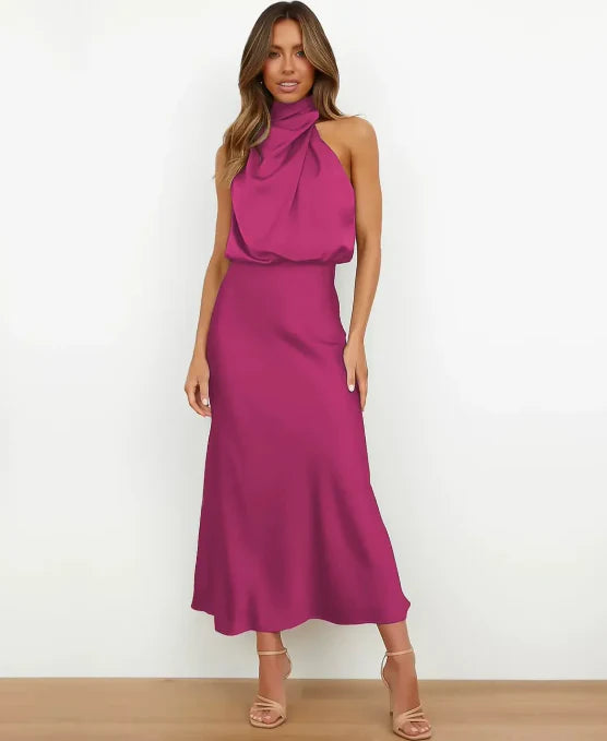Vestido Midi Halter Sin Mangas con Drapeado para Mujer