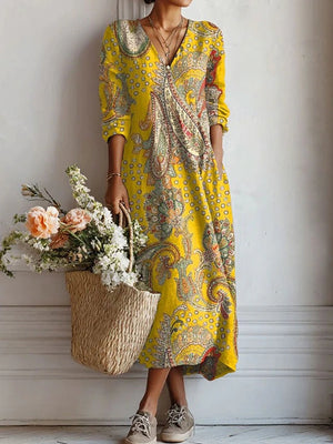 Women’s Floral Print V Neck Boho Midi Dress