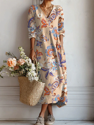 Women’s Floral Print V Neck Boho Midi Dress