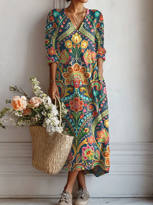 Women’s Floral Print V Neck Boho Midi Dress