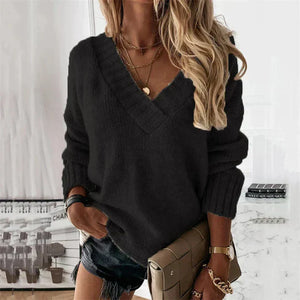 Cozy V-Neck Knit Sweater Relaxed Fit Everyday Pullover for Women