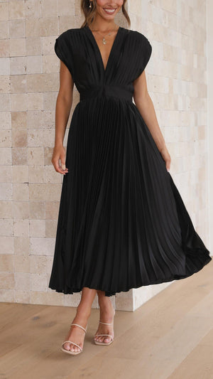 Women's Pleated Midi Dress with V-Neckline