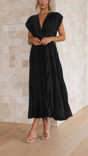 Women's Pleated Midi Dress with V-Neckline