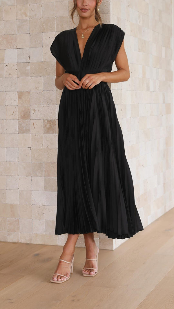 Women's Pleated Midi Dress with V-Neckline