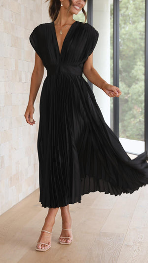 Women's Pleated Midi Dress with V-Neckline